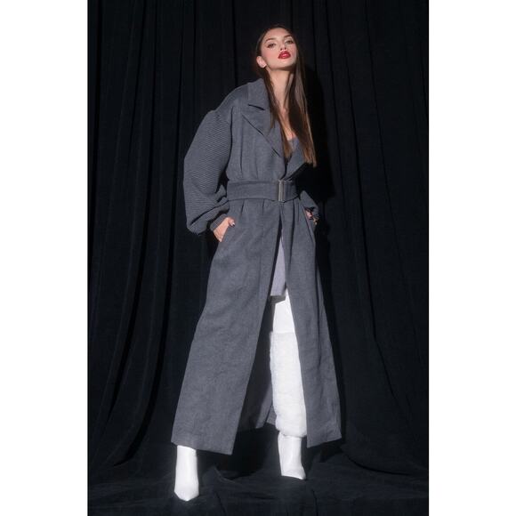 AKIRA PIPING BALLOON SLEEVE TRENCH COAT Sz L - Picture 2 of 10